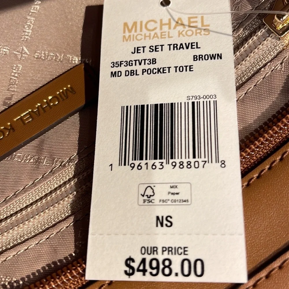 MICHAEL KORS JET SET TRAVEL MEDIUM DOUBLE POCKET TOTE BROWN SIGNATURE NWT